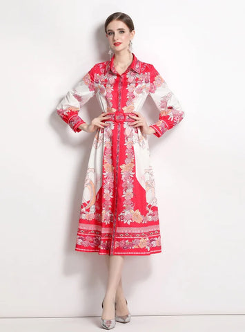 LAPEL SLIM PRINT SHIRT COLLAR LONG SLEEVE DRESS