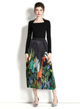 RETRO SQUARE NECK LONG SLEEVE TOP+PRINTED PLEATED SKIRT SUIT