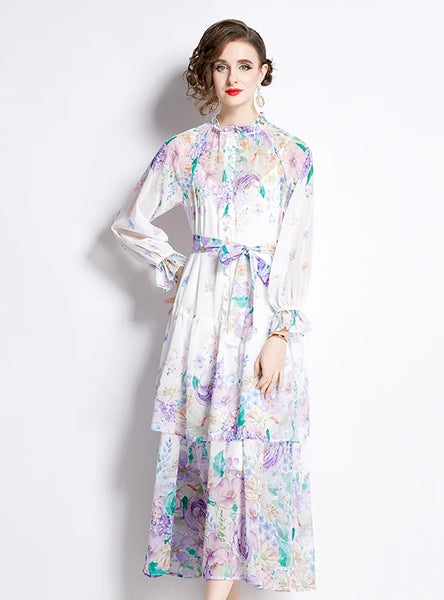 LONG-SLEEVED COLORFUL CAKE FLOWERS DRESS