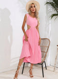 HOLLOW WAIST PLEATED SLEEVELESS BIG SWING DRESS