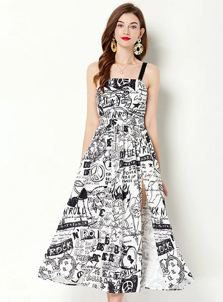 GRAFFITI PRINT SUSPENDER DRESS