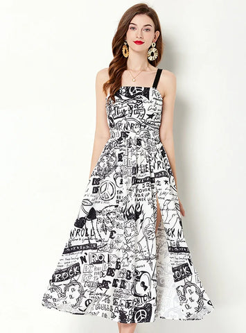 GRAFFITI PRINT SUSPENDER DRESS