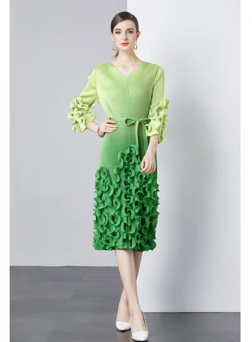 FOLDING WOODEN EAR RUFFLED SLIM V-NECK GRADIENT DRESS