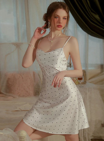 SEXY SOLID COLOR POLKA-DOT SATIN NIGHTGOWN