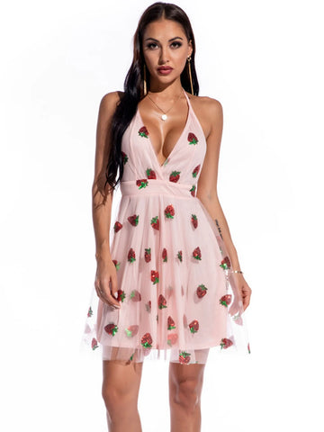 V-NECK SUSPENDER STRAWBERRY SEQUINED DRESS