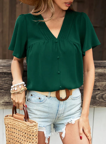 FASHION SOLID COLOR PLEATED SHIRT