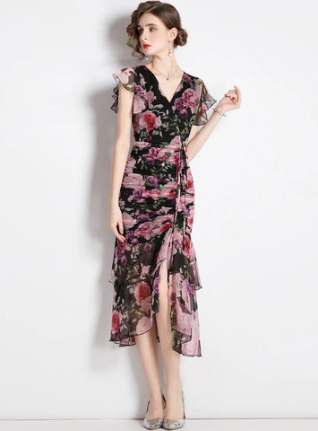 RETRO PRINTED V-NECK SHORT-SLEEVED SLIM RUFFLED DRESS