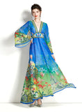 LONG-SLEEVED V-NECK FLARED SLEEVE PRINTED DRESS