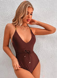 SOLID COLOR V-NECK SLING SEXY ONE-PIECE SWIMSUIT