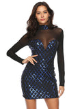 MESH LONG SLEEVE PLAID SEQUINED HIGH NECK DRESS