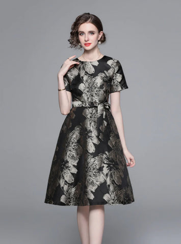 RETRO BLACK GOLD PRINTED SHORT-SLEEVED DRESS