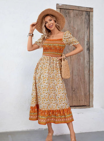BOHEMIAN SQUARE COLLAR BUBBLE SLEEVE PRINTED DRESS