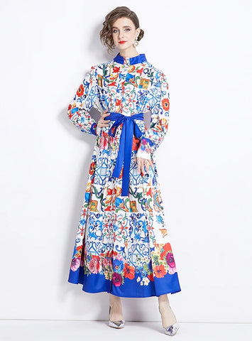 RETRO BREASTED PRINTED LONG DRESS