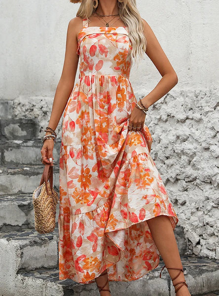 OPEN-BACK V-NECK SLING FLORAL DRESS