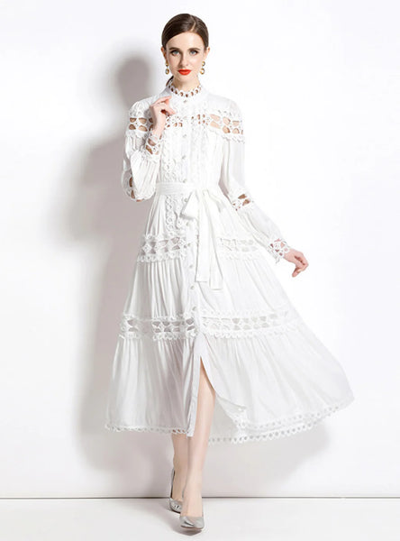LAPEL LONG-SLEEVED LONG DRESS