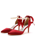 7 CM RIBBON BEADED STILETTO SANDALS