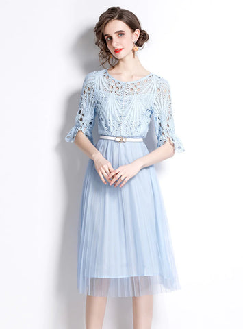 HOLLOW CHIFFON LACE SOLID COLOR DRESS