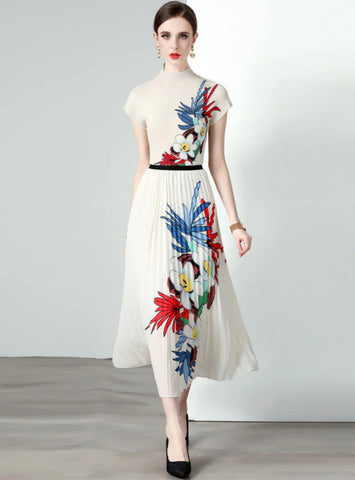 SHORT-SLEEVED TOP HIGH WAIST PLEATED SKIRT TWO-PIECE SUIT