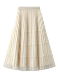 High Waist Lace Stitching Pleats on Both Sides of Mesh Skirt