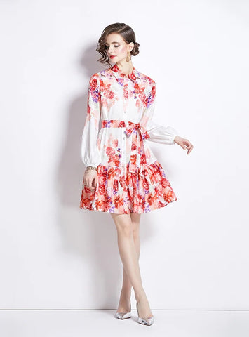 RETRO PRINTED LANTERN SLEEVE DRESS