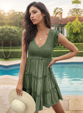 SOLID COLOR V-NECK RUFFLED DRESS