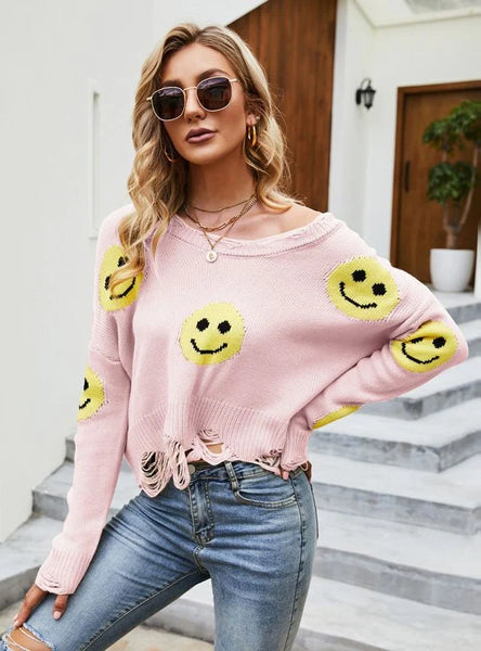CLASSY LOOSE HOLES LONG-SLEEVED V-NECK SWEATER