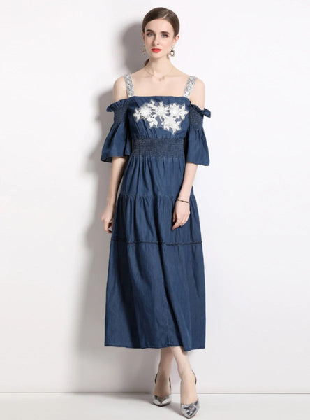 SHORT-SLEEVED SUSPENDER DENIM DRESS