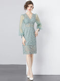LACE V-NECK LONG SLEEVE SLIM DRESS