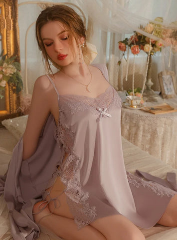 FASHION SEXY SATIN STITCHING LACE SUSPENDER NIGHTDRESS