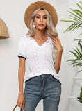 HOLLOW STRIPED LAPEL SHORT-SLEEVED SWEATER TOP