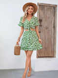PRINTED STRAP SHORT SLEEVE BEACH RESORT DRESS