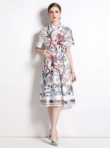 SHIRT LAPEL SHORT SLEEVE PRINTED BIG SWING DRESS