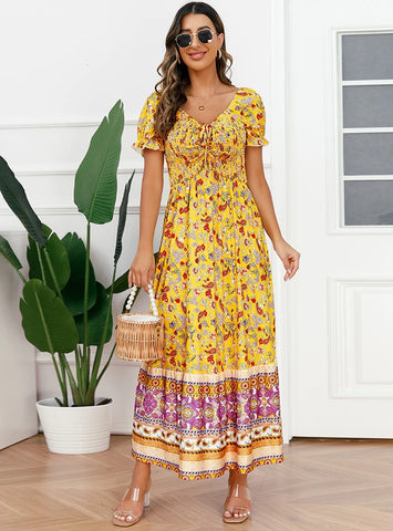 V-NECK PUFF SLEEVES DRAWSTRING DRESS