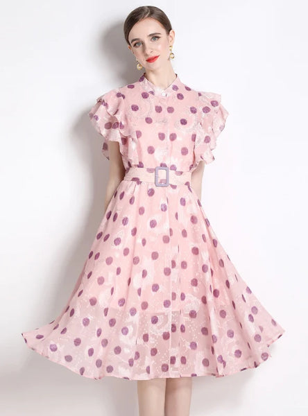 POLKA-DOT LOTUS LEAF SLEEVE DRESS