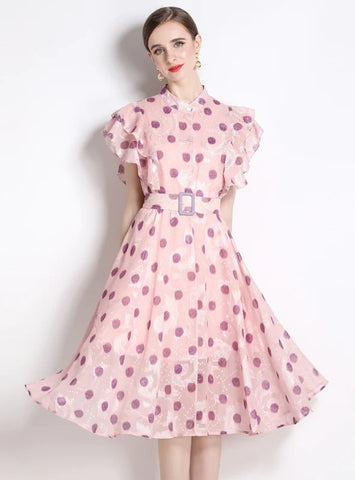 POLKA-DOT LOTUS LEAF SLEEVE DRESS