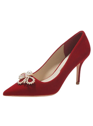 RED HIGH HEELS PEARLS WEDDING SHOES