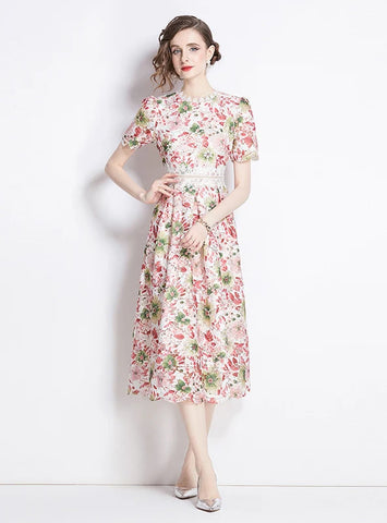 SLIM LACE PRINT LONG DRESS