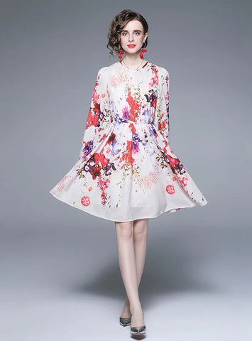 LONG SLEEVE SLIM PRINT CHIFFON DRESS