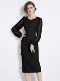 RETRO ROUND NECK LONG SLEEVE DRESS