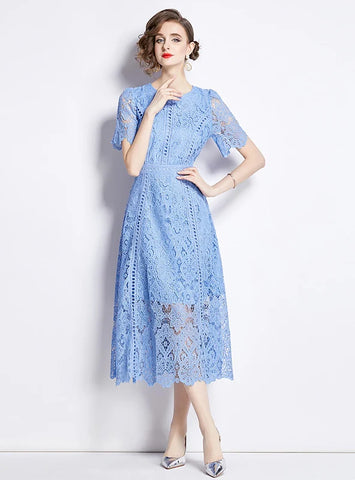 RETRO ROUND NECK LOTUS LEAF SLEEVE LACE DRESS