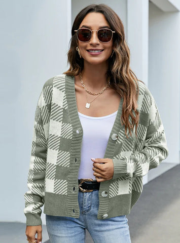 STYLISH V-NECK LOOSE PLAID LONG SLEEVE SWEATER COAT