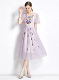 MESH ROUND NECK SHORT SLEEVE EMBROIDERY DRESS