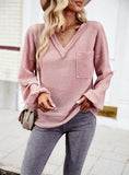 SOLID COLOR V-NECK LONG SLEEVE TOP