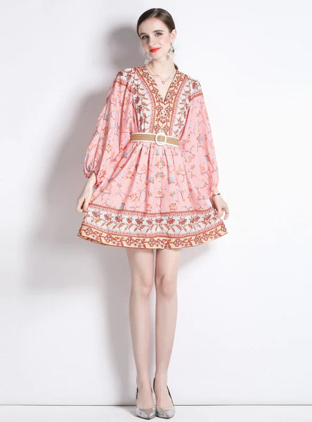 PRINTED V-NECK LONG SLEEVE SHORT DRESS