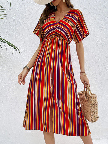 COLOR STRIPED CASUAL V-NECK BUTTON DRESS