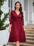 V-NECK SOLID COLOR LONG SLEEVE DRESS