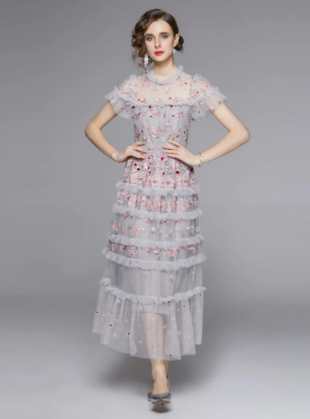 ROUND NECK LOTUS LEAF SHORT SLEEVE PERSPECTIVE GAUZE DRESS