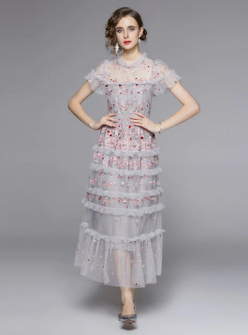 ROUND NECK LOTUS LEAF SHORT SLEEVE PERSPECTIVE GAUZE DRESS