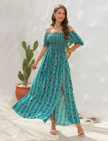 VERTICAL STRIPED PRINTED SPLIT SHORT-SLEEVED DRESS