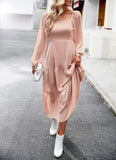 SOLID COLOR SQUARE COLLAR LONG SLEEVE DRESS